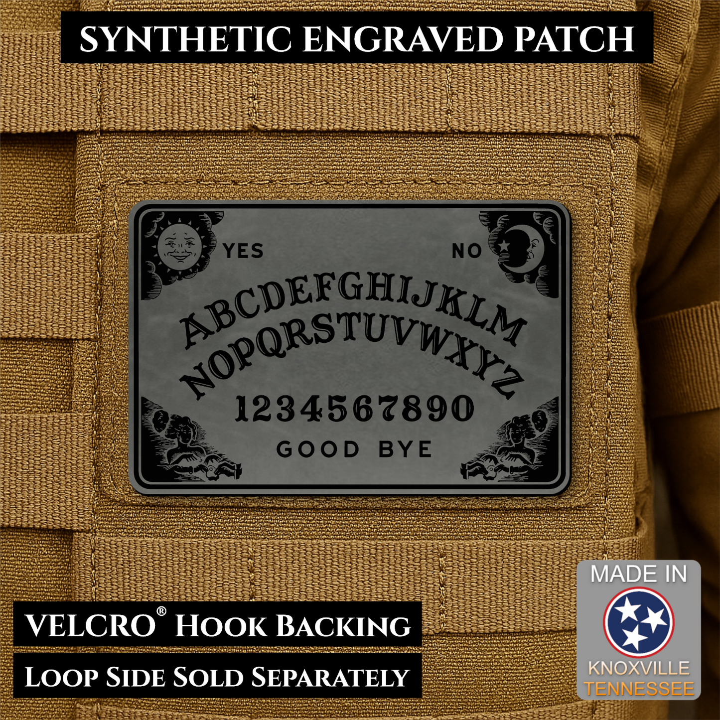 Charcoal Gray laser engraved Ouija Board morale patch with vintage spirit board artwork and celestial accents