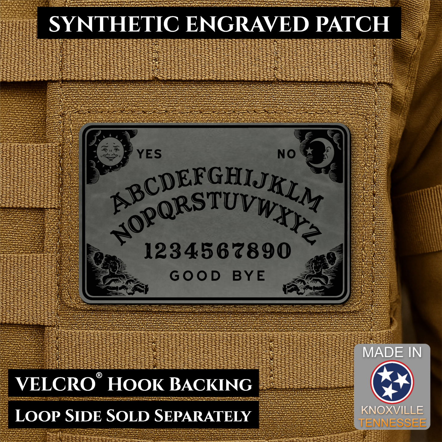 Charcoal Gray laser engraved Ouija Board morale patch with vintage spirit board artwork and celestial accents