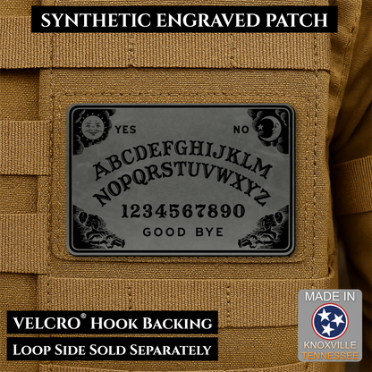 Charcoal Gray laser engraved Ouija Board morale patch with vintage spirit board artwork and celestial accents