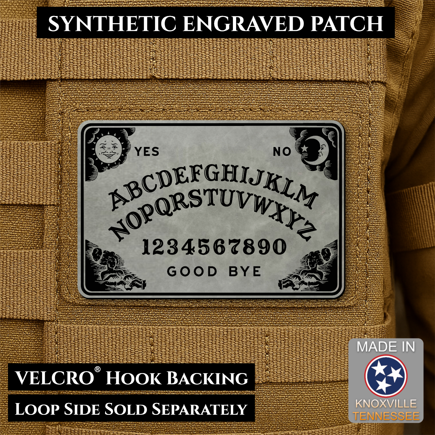 Gray laser engraved Ouija Board morale patch with vintage spirit board artwork and celestial accents