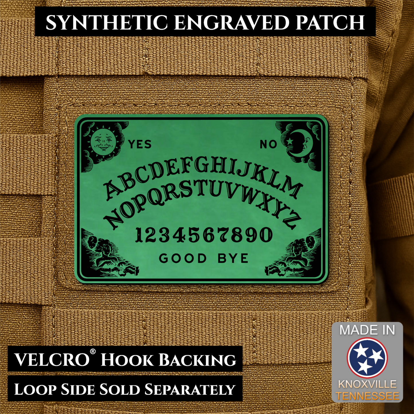Green laser engraved Ouija Board morale patch with vintage spirit board artwork and celestial accents
