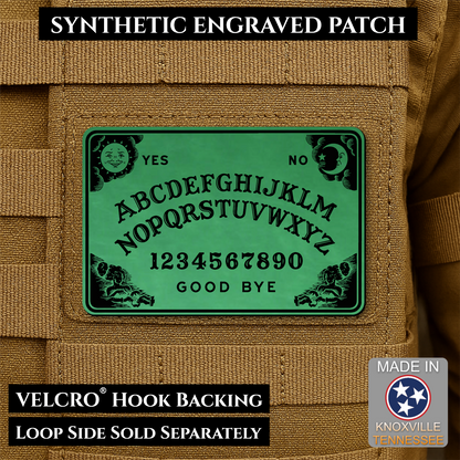Green laser engraved Ouija Board morale patch with vintage spirit board artwork and celestial accents