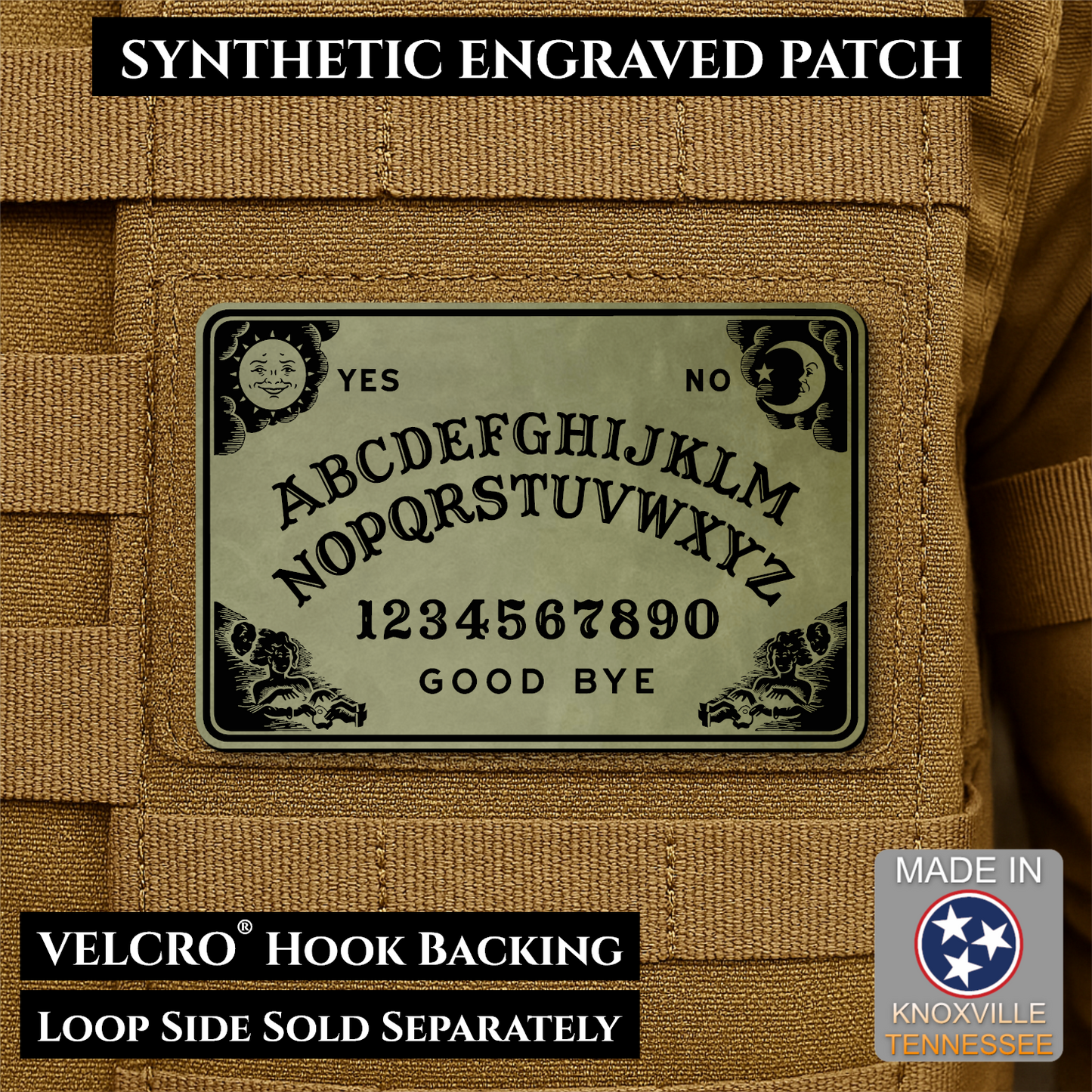 Olive OD Green laser engraved Ouija Board morale patch with vintage spirit board artwork and celestial accents