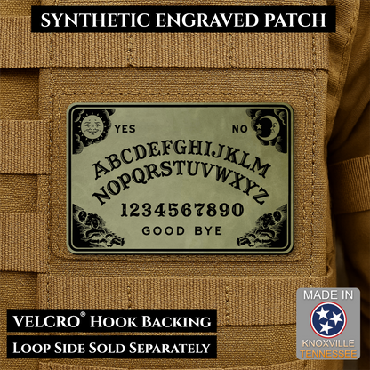 Olive OD Green laser engraved Ouija Board morale patch with vintage spirit board artwork and celestial accents