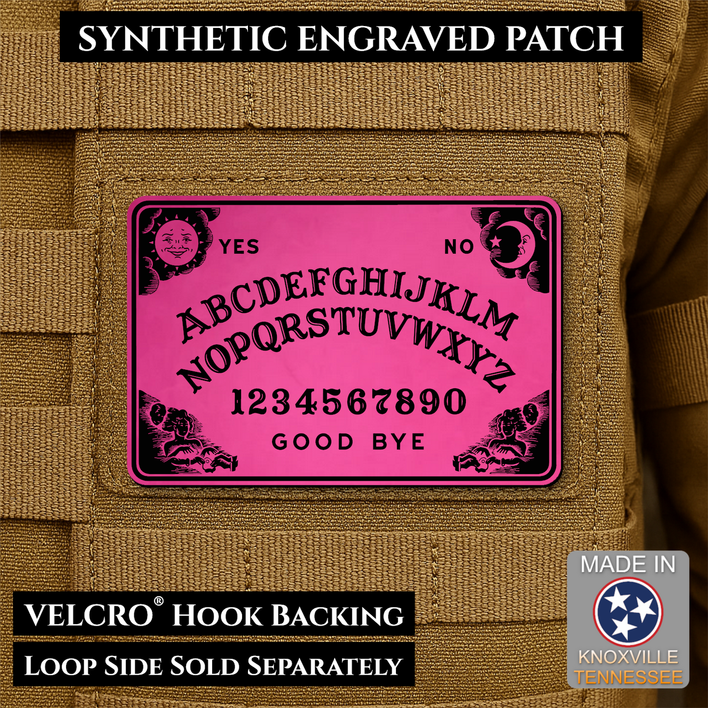 Pink laser engraved Ouija Board morale patch with vintage spirit board artwork and celestial accents