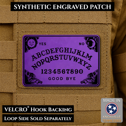 Purple laser engraved Ouija Board morale patch with vintage spirit board artwork and celestial accents