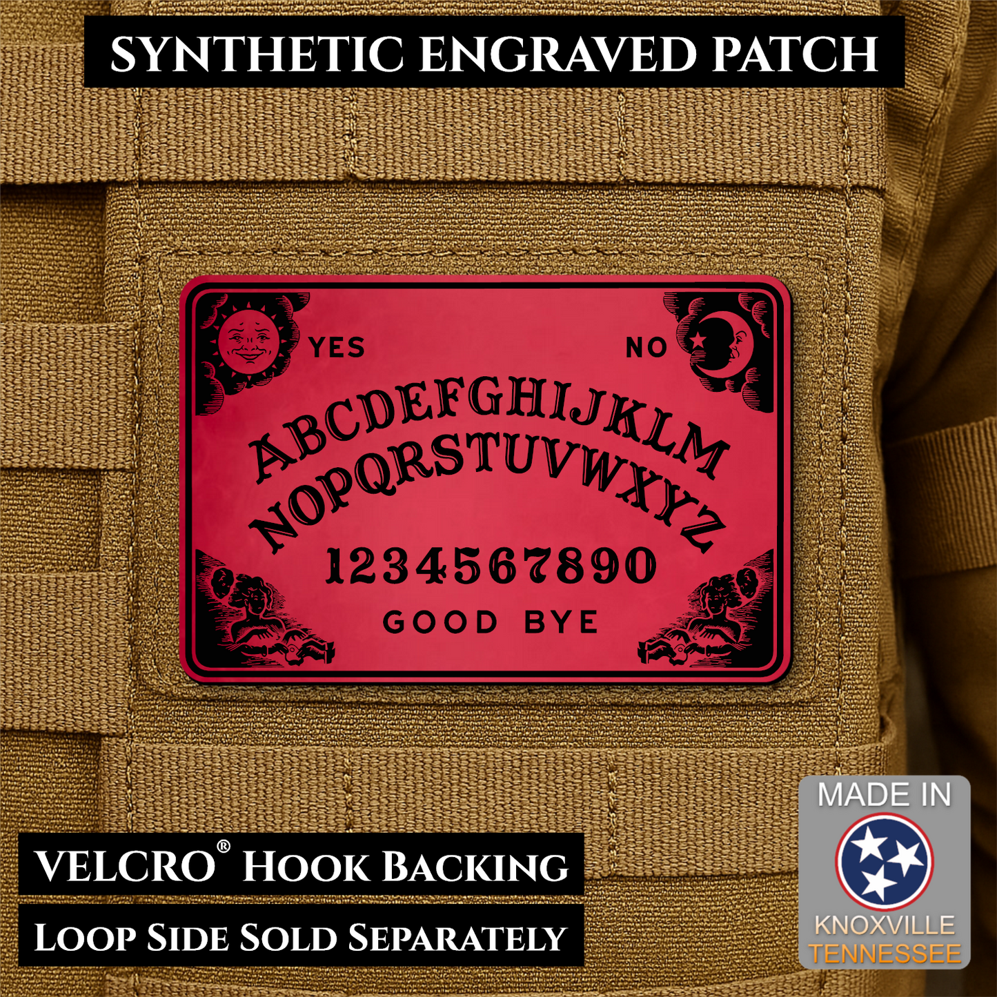 Red laser engraved Ouija Board morale patch with vintage spirit board artwork and celestial accents