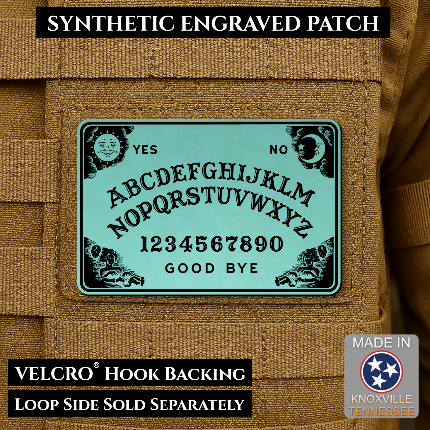 Seafoam Green laser engraved Ouija Board morale patch with vintage spirit board artwork and celestial accents