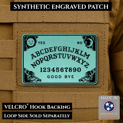 Seafoam Green laser engraved Ouija Board morale patch with vintage spirit board artwork and celestial accents