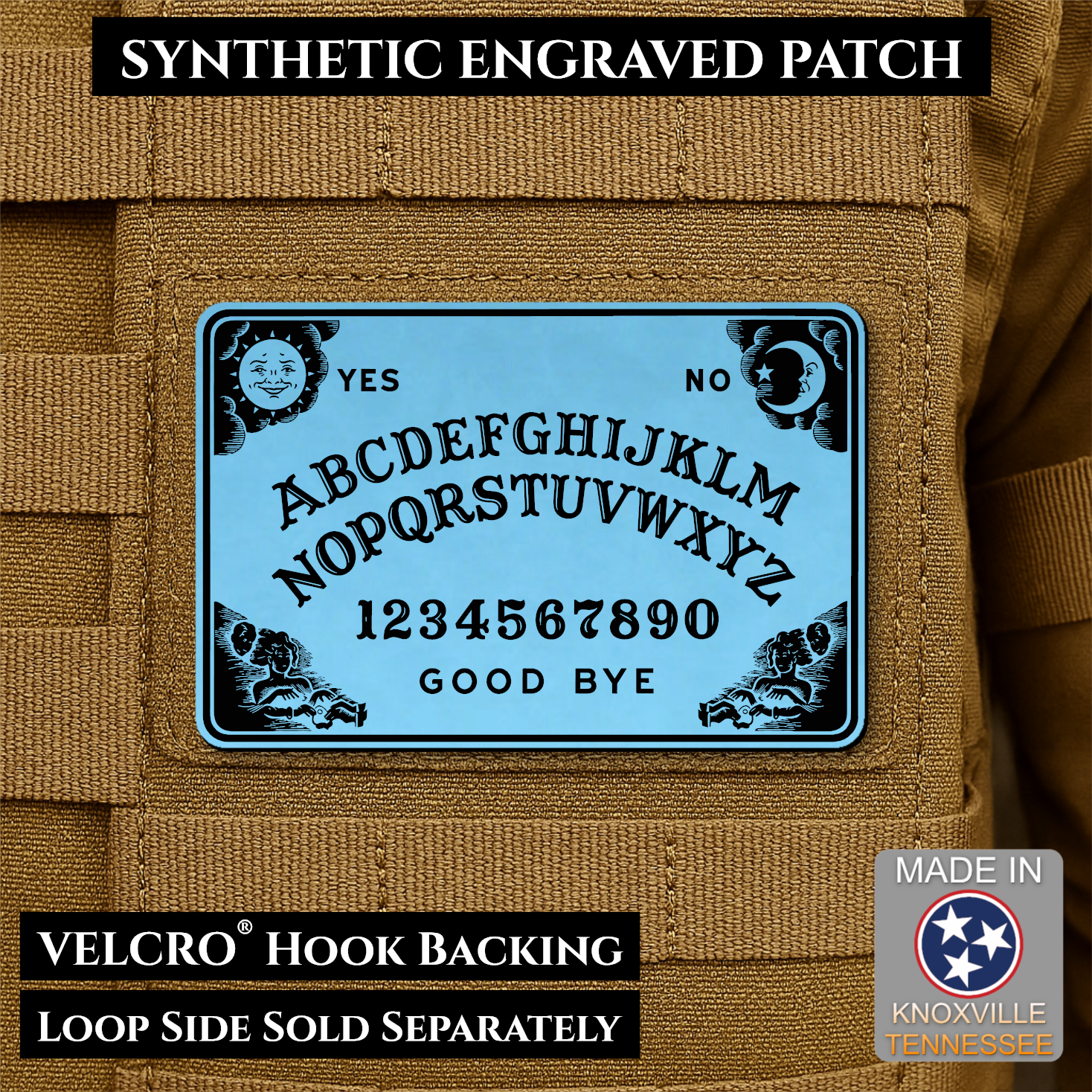Sky Blue laser engraved Ouija Board morale patch with vintage spirit board artwork and celestial accents