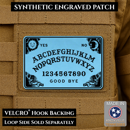 Sky Blue laser engraved Ouija Board morale patch with vintage spirit board artwork and celestial accents