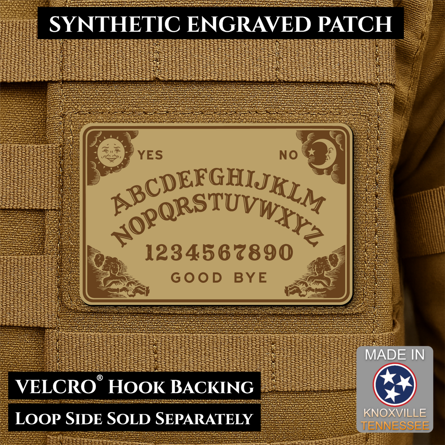 Desert Tan laser engraved Ouija Board morale patch with vintage spirit board artwork and celestial accents