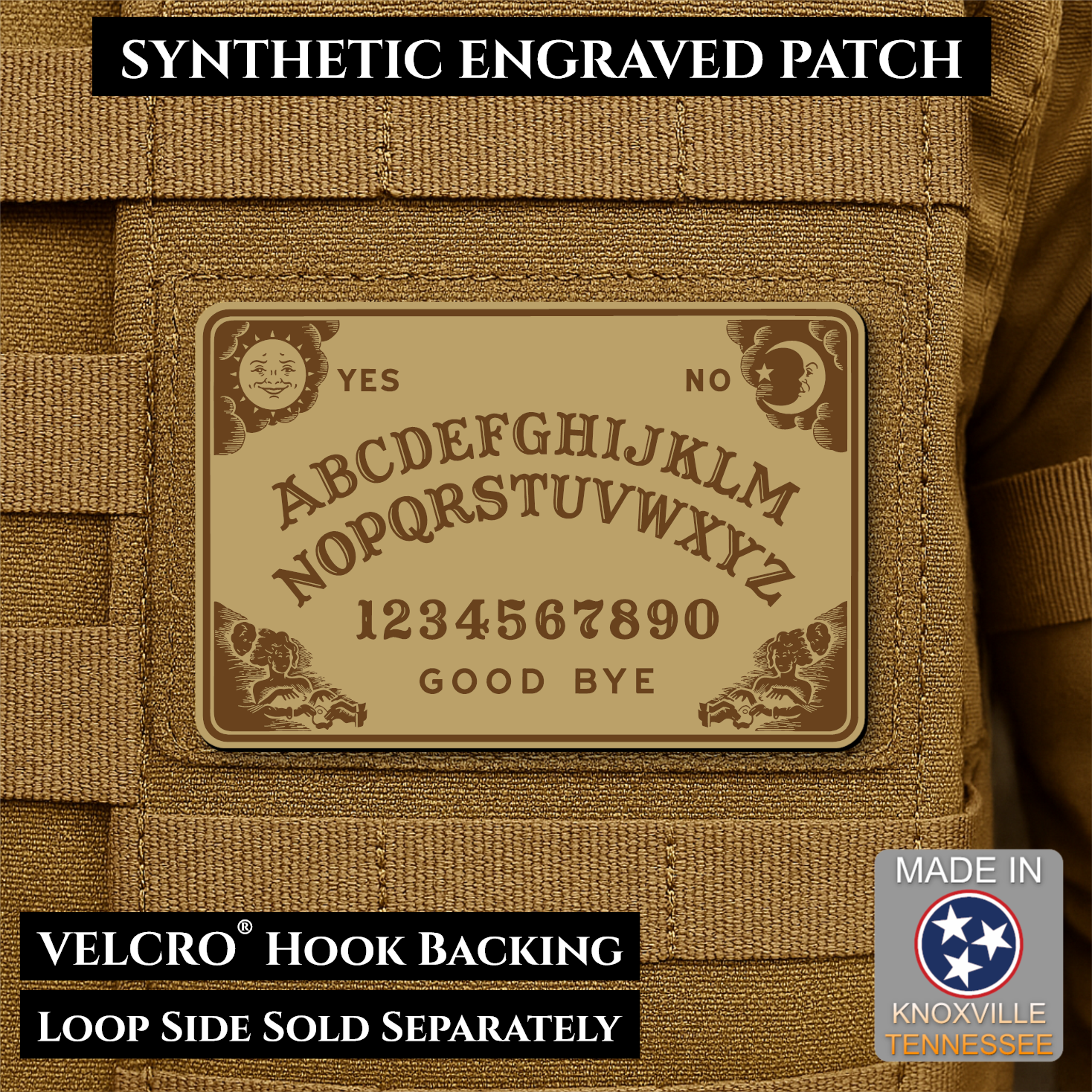 Desert Tan laser engraved Ouija Board morale patch with vintage spirit board artwork and celestial accents