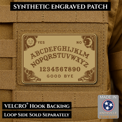 Desert Tan laser engraved Ouija Board morale patch with vintage spirit board artwork and celestial accents
