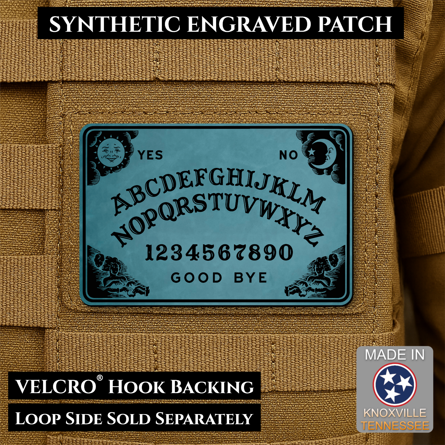 Topaz Blue laser engraved Ouija Board morale patch with vintage spirit board artwork and celestial accents