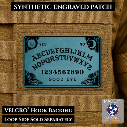 Topaz Blue laser engraved Ouija Board morale patch with vintage spirit board artwork and celestial accents