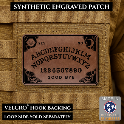 Walnut Leather laser engraved Ouija Board morale patch with vintage spirit board artwork and celestial accents