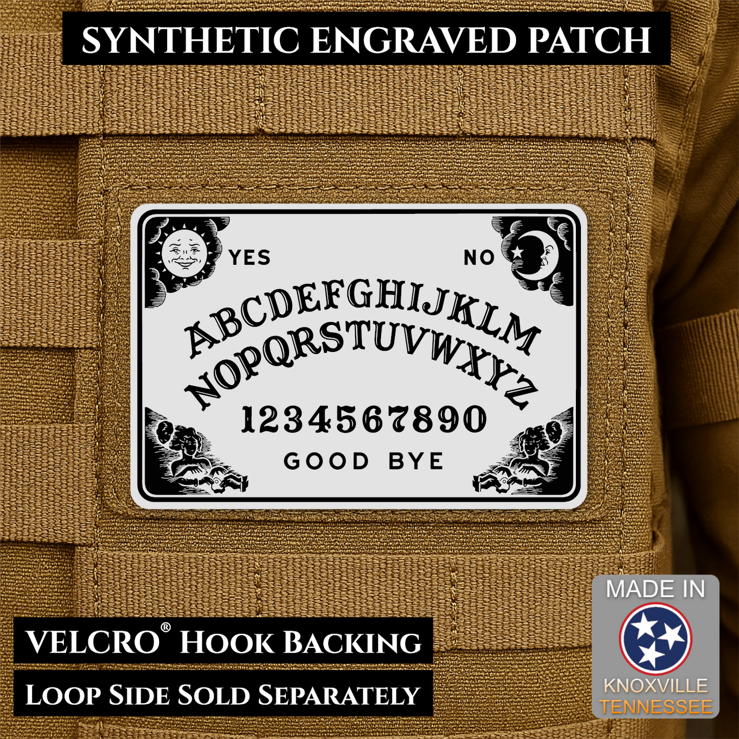 White laser engraved Ouija Board morale patch with vintage spirit board artwork and celestial accents