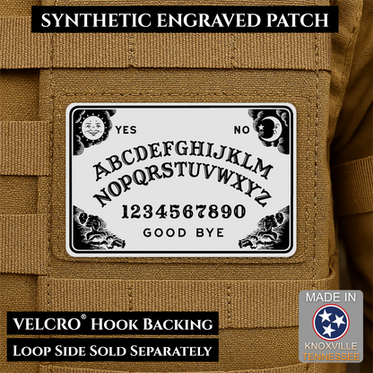 White laser engraved Ouija Board morale patch with vintage spirit board artwork and celestial accents