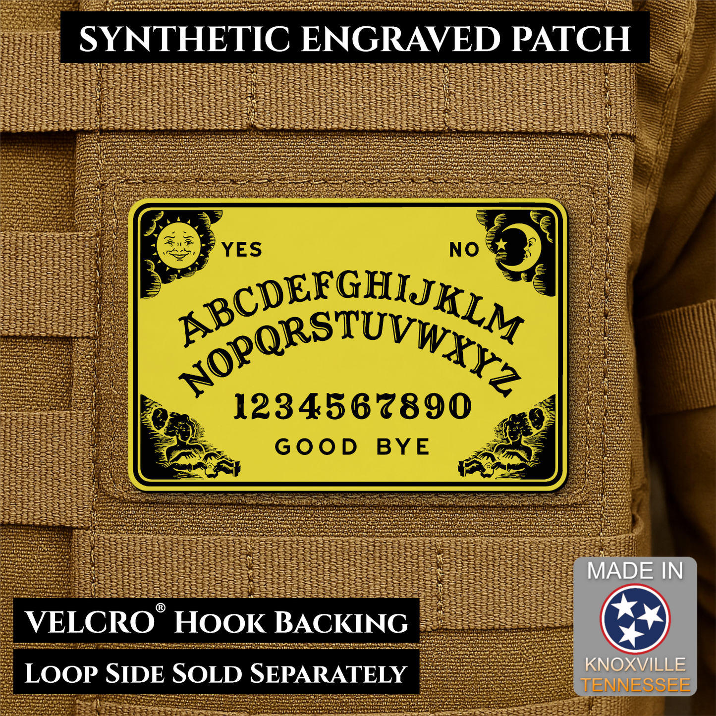 Yellow laser engraved Ouija Board morale patch with vintage spirit board artwork and celestial accents
