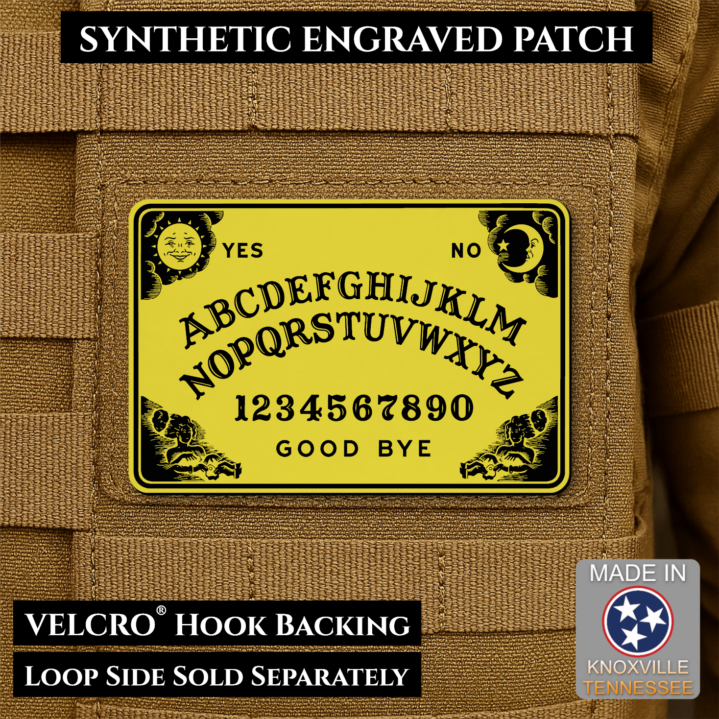 Yellow laser engraved Ouija Board morale patch with vintage spirit board artwork and celestial accents