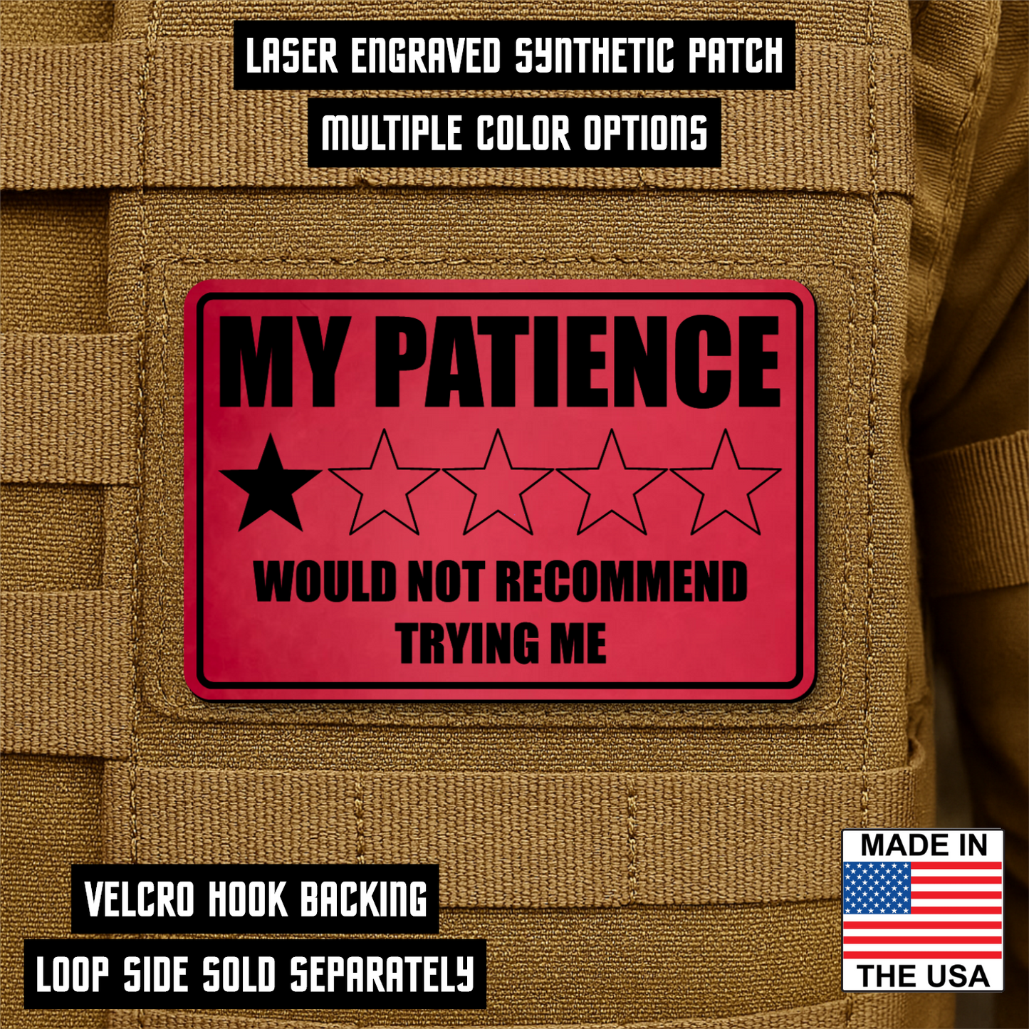 My Patience Is Thin Morale Patch 2"x3" Hook & Loop | Made in USA