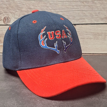 USA Deer Antler Patriotic Embroidered Hat – Red White & Blue Country Trucker Cap / Flexfit Snapback