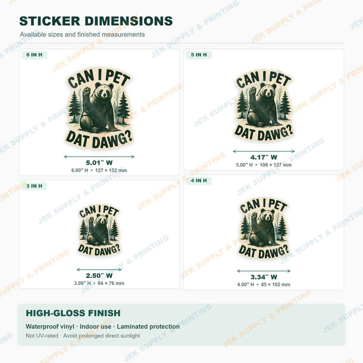 Can I Pet Dat Dawg? Bear sticker size comparison, 3, 4, 5, 6 inch height options