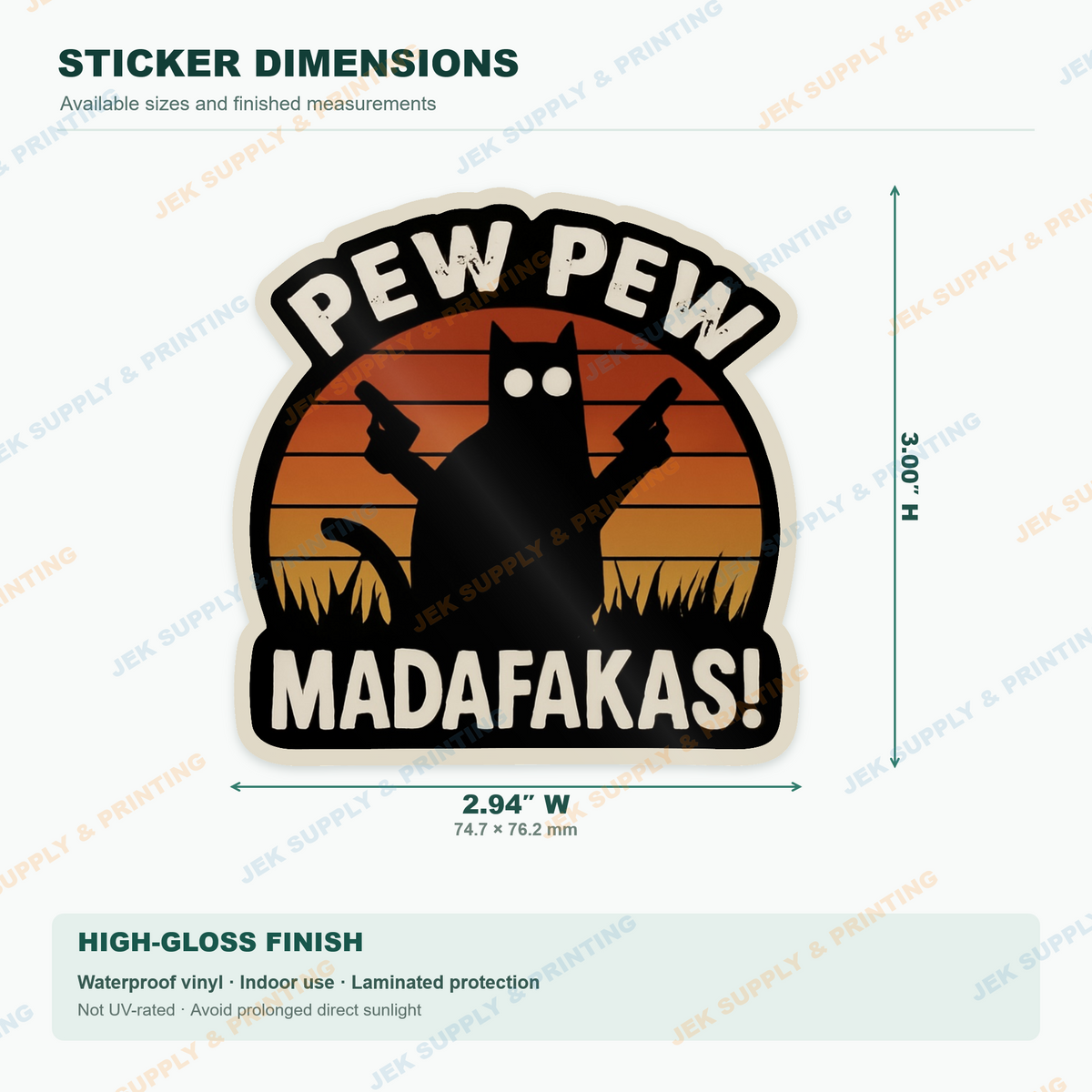 Pew Pew Madafakas Cat vinyl decal, 3 inch height dimension guide