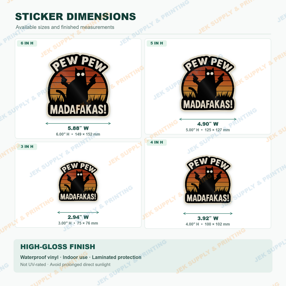 Pew Pew Madafakas Cat sticker size comparison, 3, 4, 5, 6 inch height options