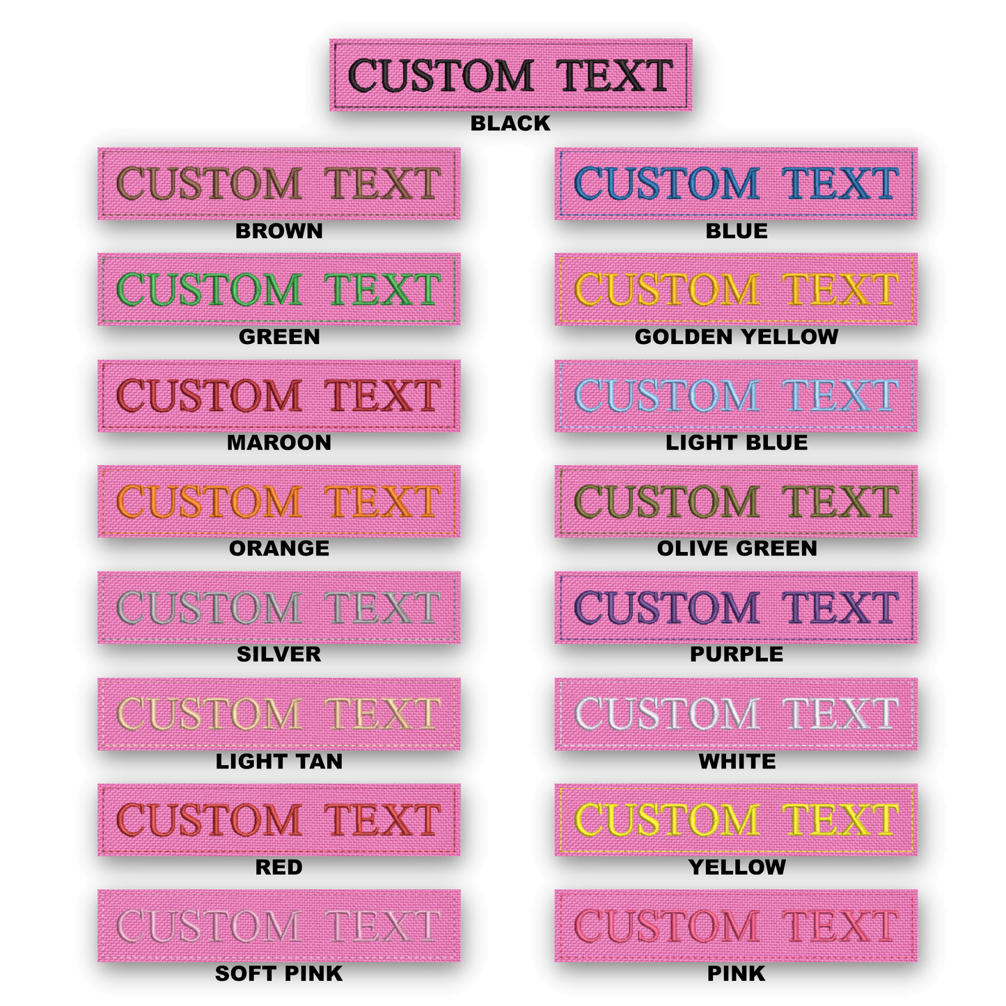 A color-options chart showing multiple rectangular labels with pink stitched borders and the words 'CUSTOM TEXT' in different text colors and backgrounds. The top header reads 'CUSTOM TEXT' and the labels below show color variants such as black, brown, green, maroon, orange, light blue, olive green, silver, purple, light tan, white, yellow, and soft pink.