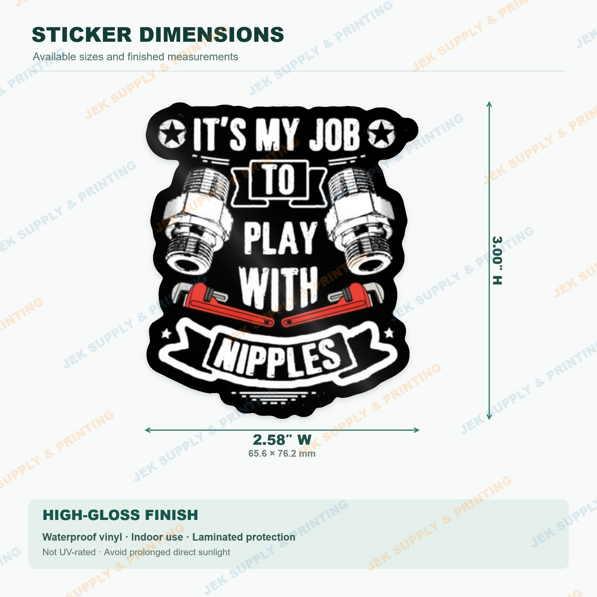 It's My Job to Play With Nipples pipefitter humor with pipe fittings and red wrenches, 3 inch height measurement diagram