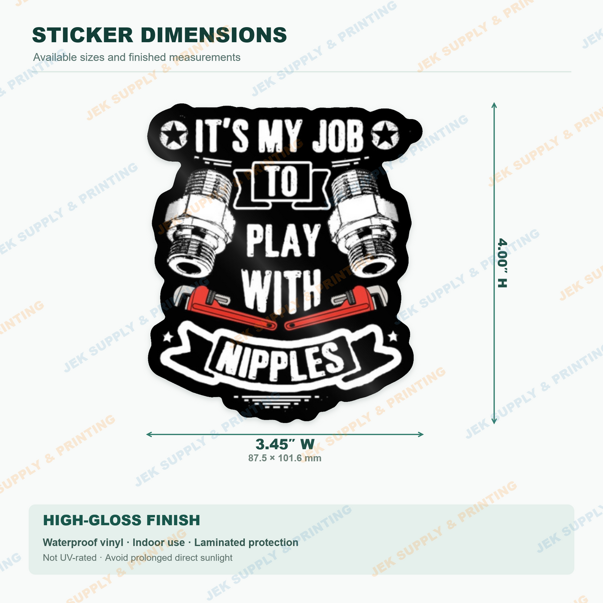 It's My Job to Play With Nipples pipefitter humor with pipe fittings and red wrenches, 4 inch height measurement diagram