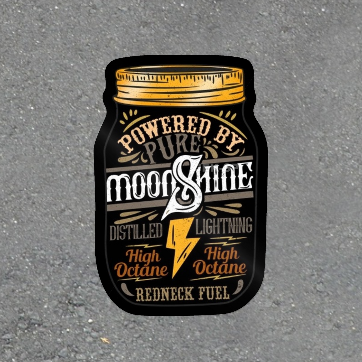 Powered by Moonshine vintage mason jar and golden lightning bolt glossy vinyl laptop sticker