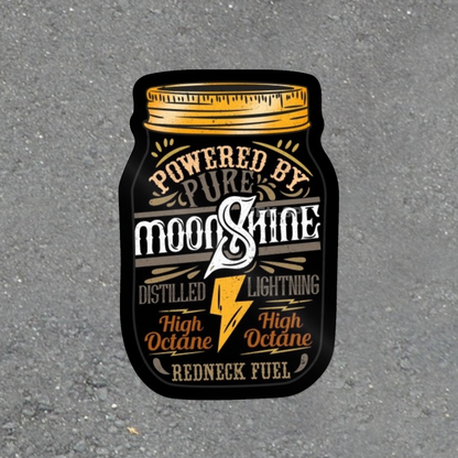 Powered by Moonshine vintage mason jar and golden lightning bolt glossy vinyl laptop sticker