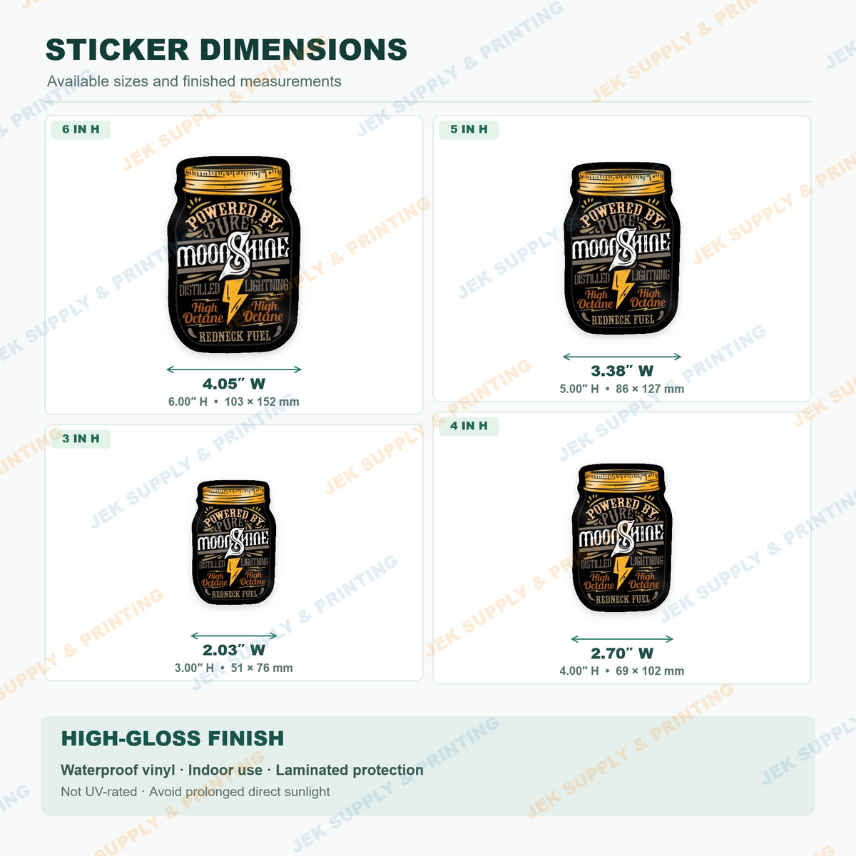 Powered by Moonshine vintage mason jar and golden lightning bolt sticker size comparison showing 3, 4, 5 and 6 inch heights