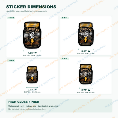 Powered by Moonshine vintage mason jar and golden lightning bolt sticker size comparison showing 3, 4, 5 and 6 inch heights