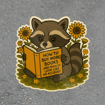 Funny Raccoon Book Lover glossy vinyl laptop sticker