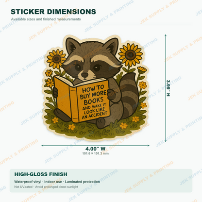 Funny Raccoon Book Lover vinyl decal, 4 inch width dimension guide