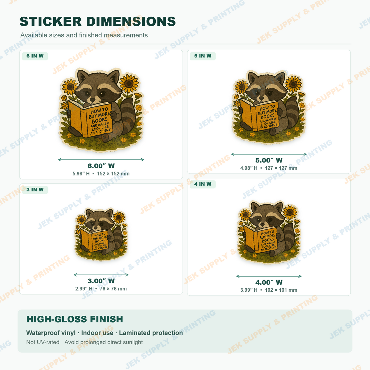 Funny Raccoon Book Lover sticker size comparison, 3, 4, 5, 6 inch width options