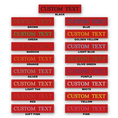 A color-options chart showing multiple rectangular patches with the words 'CUSTOM TEXT' in different colors, arranged in two columns on a white background. The top patch is labeled 'CUSTOM TEXT' and 'BLACK', and the patches below show alternative text colors including brown, blue, green, golden yellow, maroon, light blue, orange, olive green, silver, purple, light tan, white, red, yellow, and soft pink.