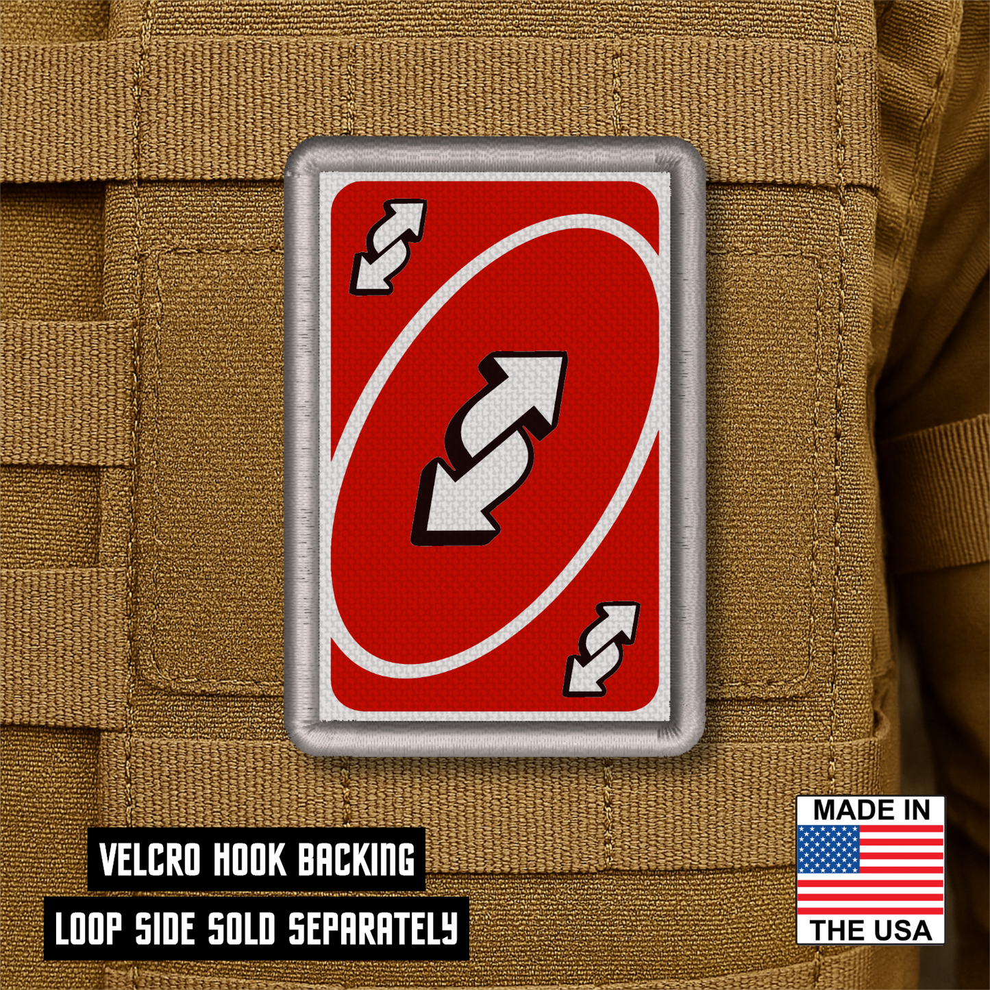 UNO Reverse Card Funny Morale Patch, 2x3" | Made in USA | VELCRO® Brand Hook Backing