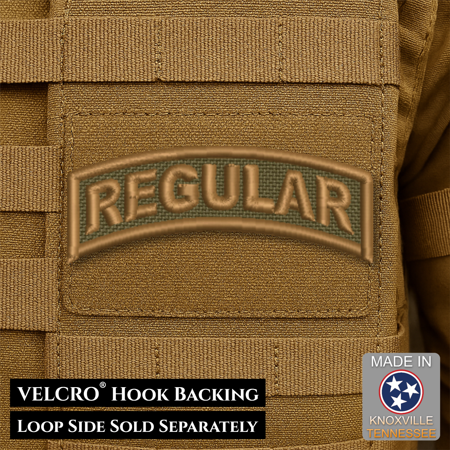 Close-up of a tan tactical vest or pouch with a sewn patch reading "REGULAR" in raised letters over a dark green mesh background. Text at the bottom says VELCRO HOOK BACKING and LOOP SIDE SOLD SEPARATELY, and a badge says MADE IN Knoxville Tennessee.