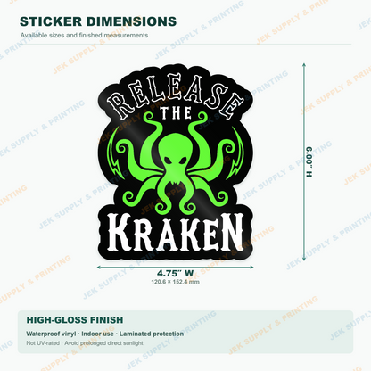 Release the Kraken green octopus sea monster sticker: 6 inch size diagram with width and height measurements