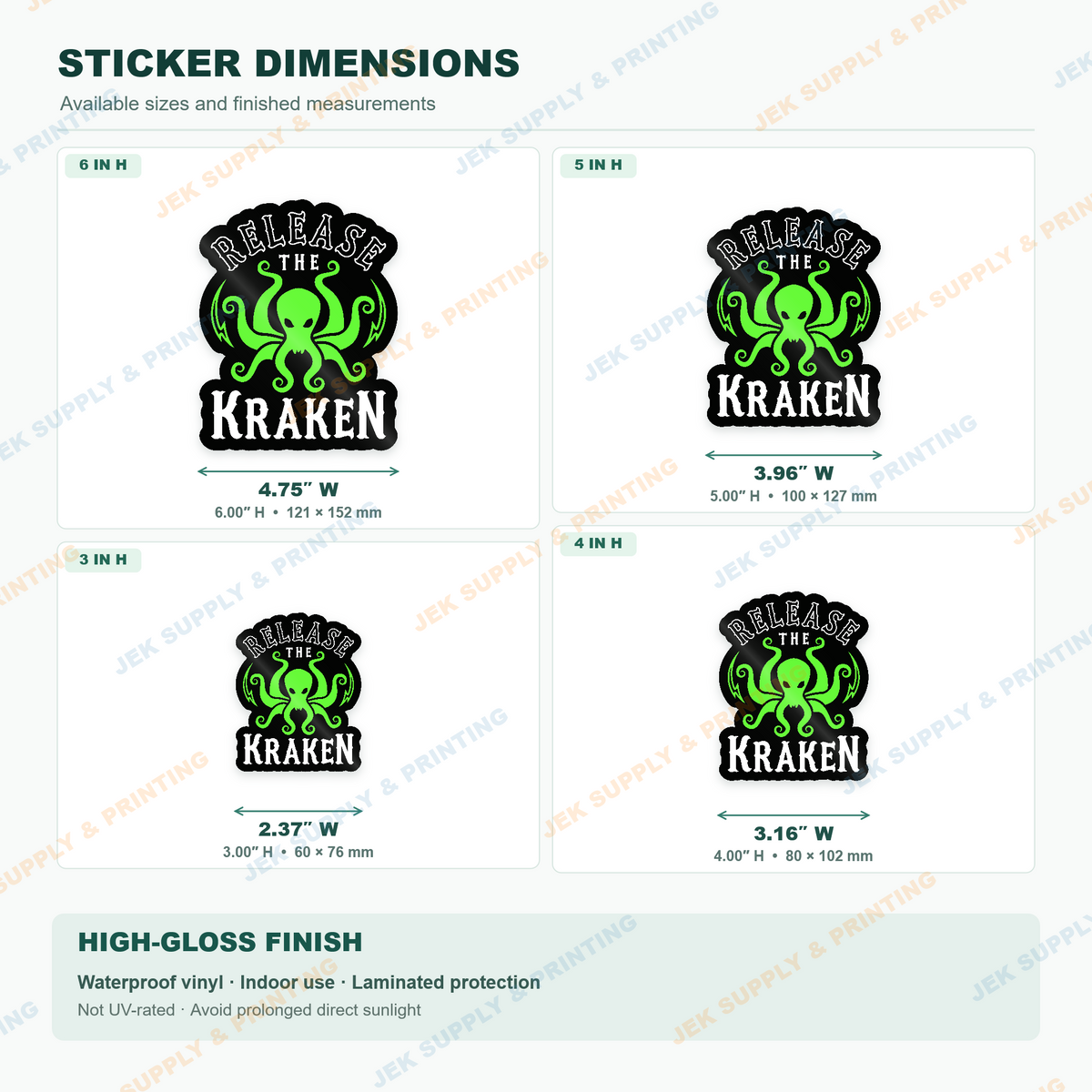 Release the Kraken green octopus sea monster sticker dimension chart comparing 3, 4, 5 and 6 inch sizes