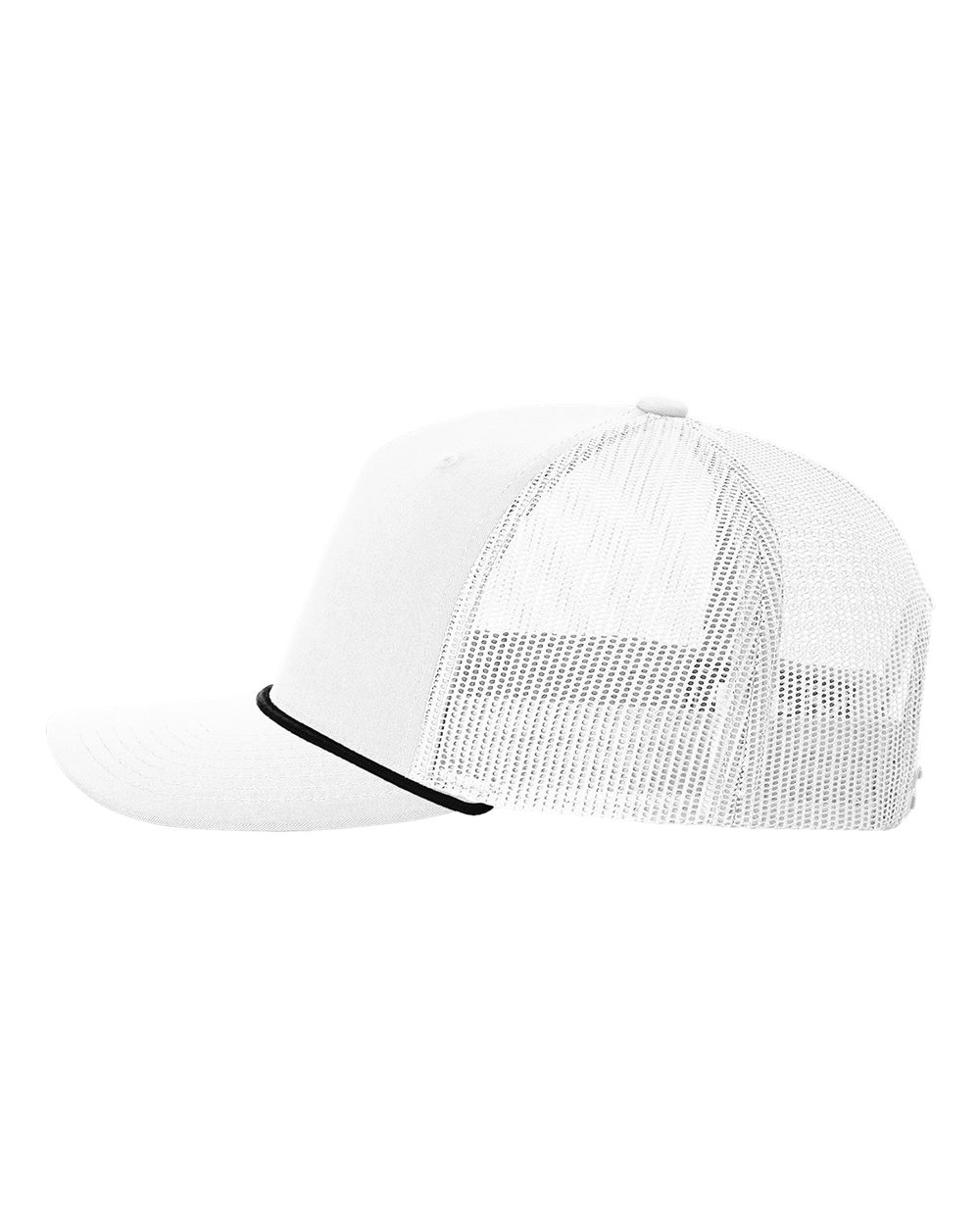 White trucker cap with mesh back on a white background