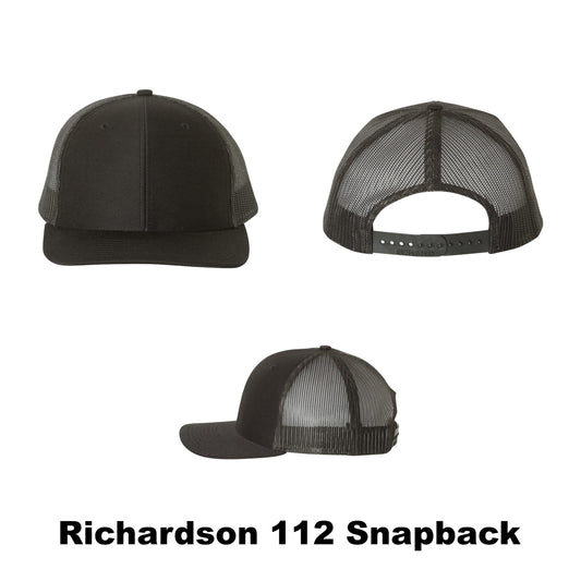 Blank Richardson 112 snapback trucker hat, black on black color combination