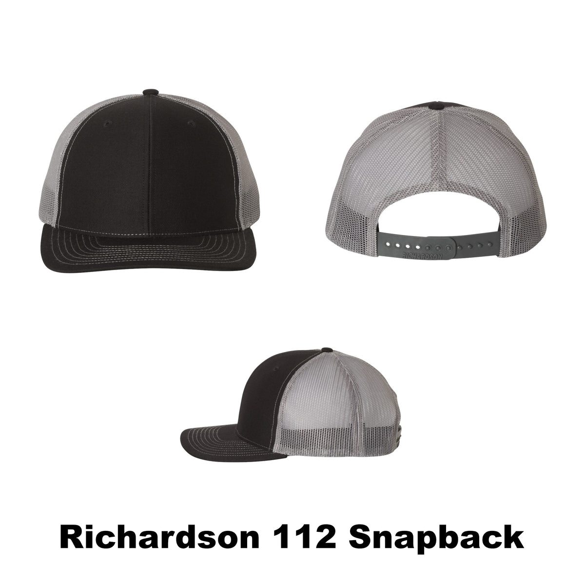 Blank Richardson 112 snapback trucker hat, black on gray color combination