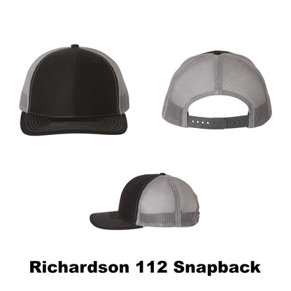 Blank Richardson 112 snapback trucker hat, black on gray color combination