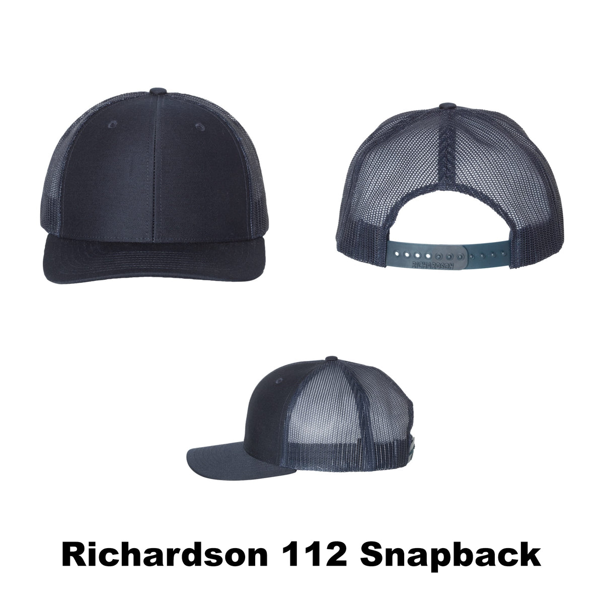 Blank Richardson 112 snapback trucker hat, navy on navy color combination